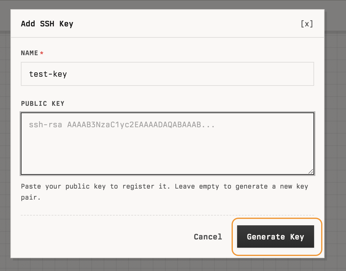 Add SSH Key dialog with Name, Public key, and Generate Key button