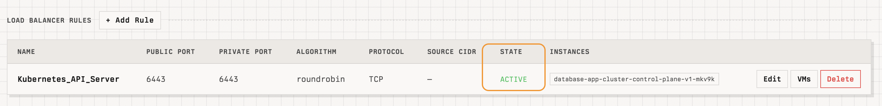 Load Balancer Rules list with the State column showing ACTIVE