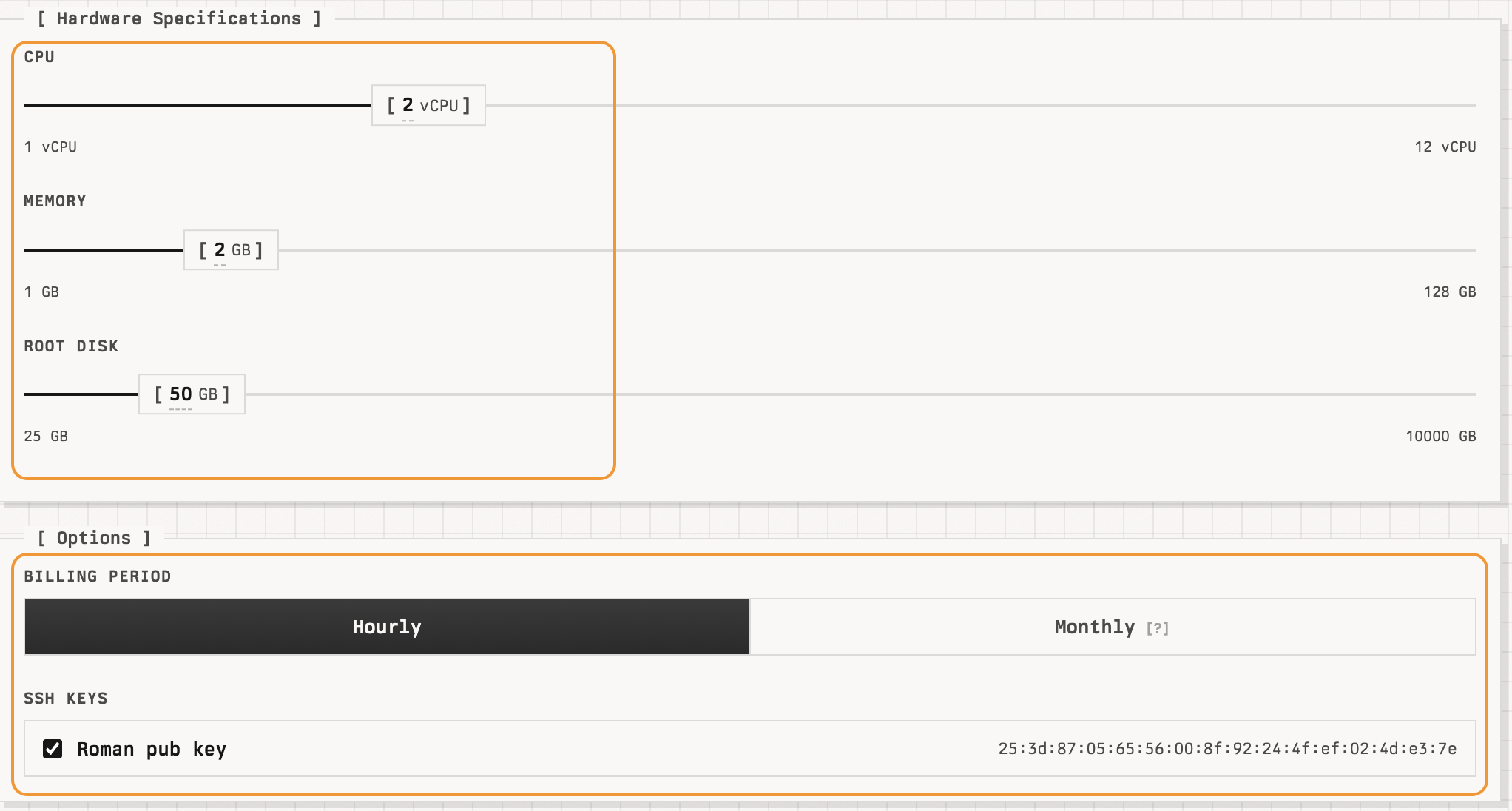 Hardware Specifications and Options sections with SSH key selected