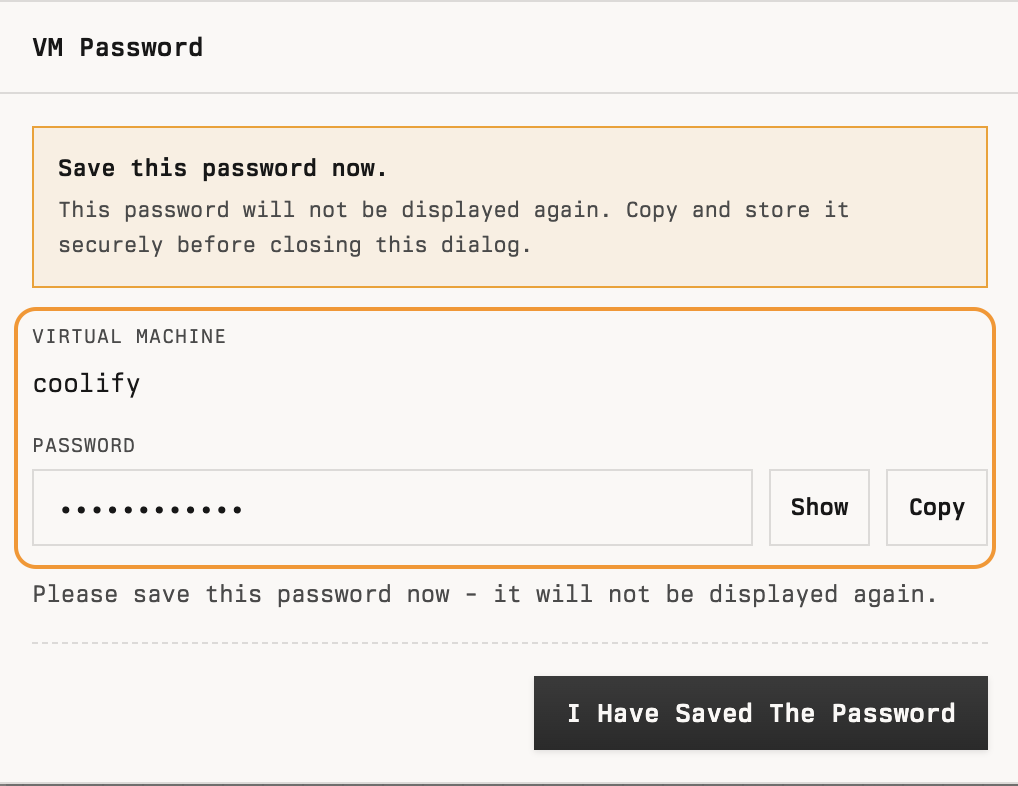 VM Password dialog warning that the password is shown only once