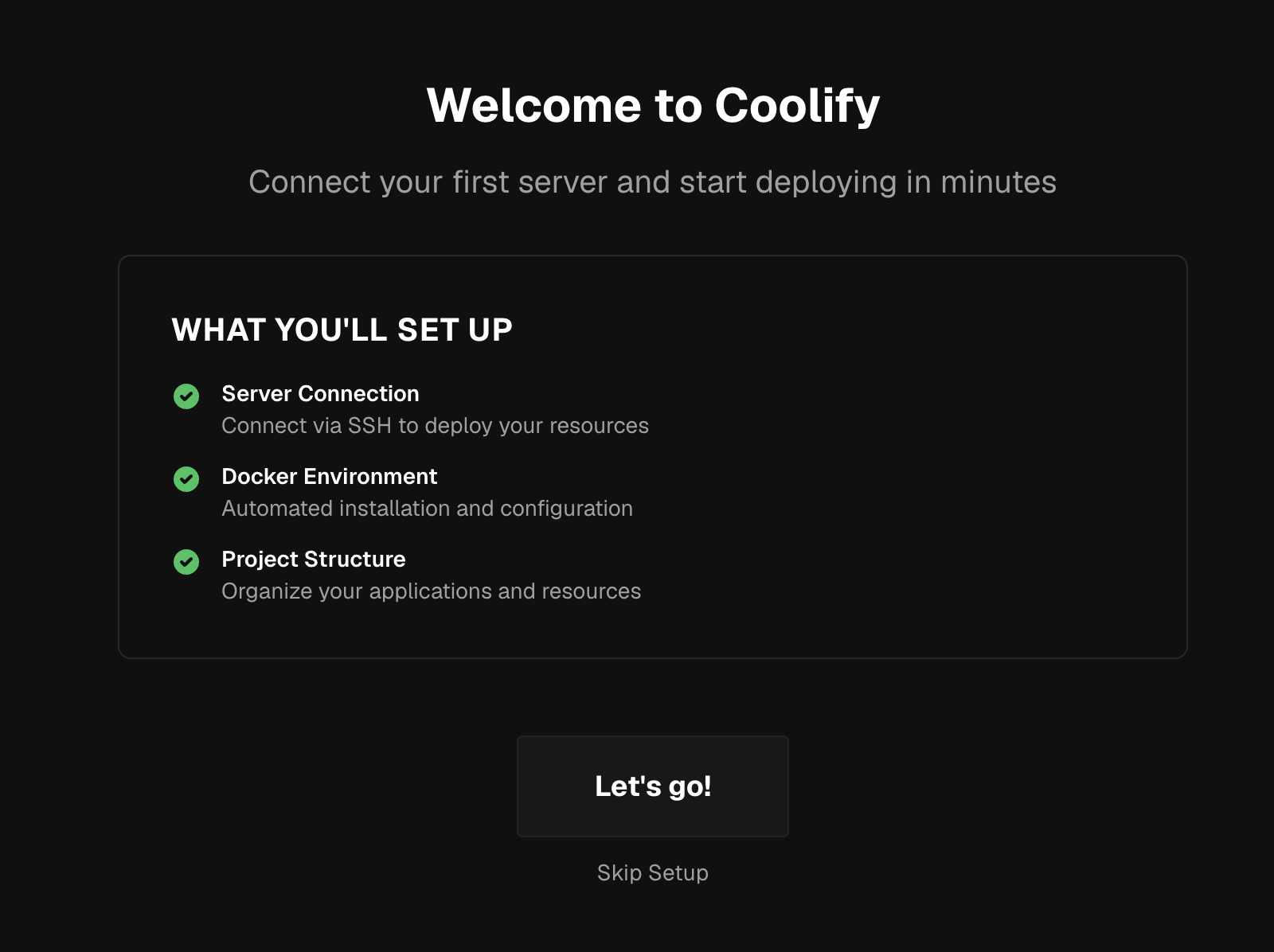 Welcome to Coolify onboarding screen