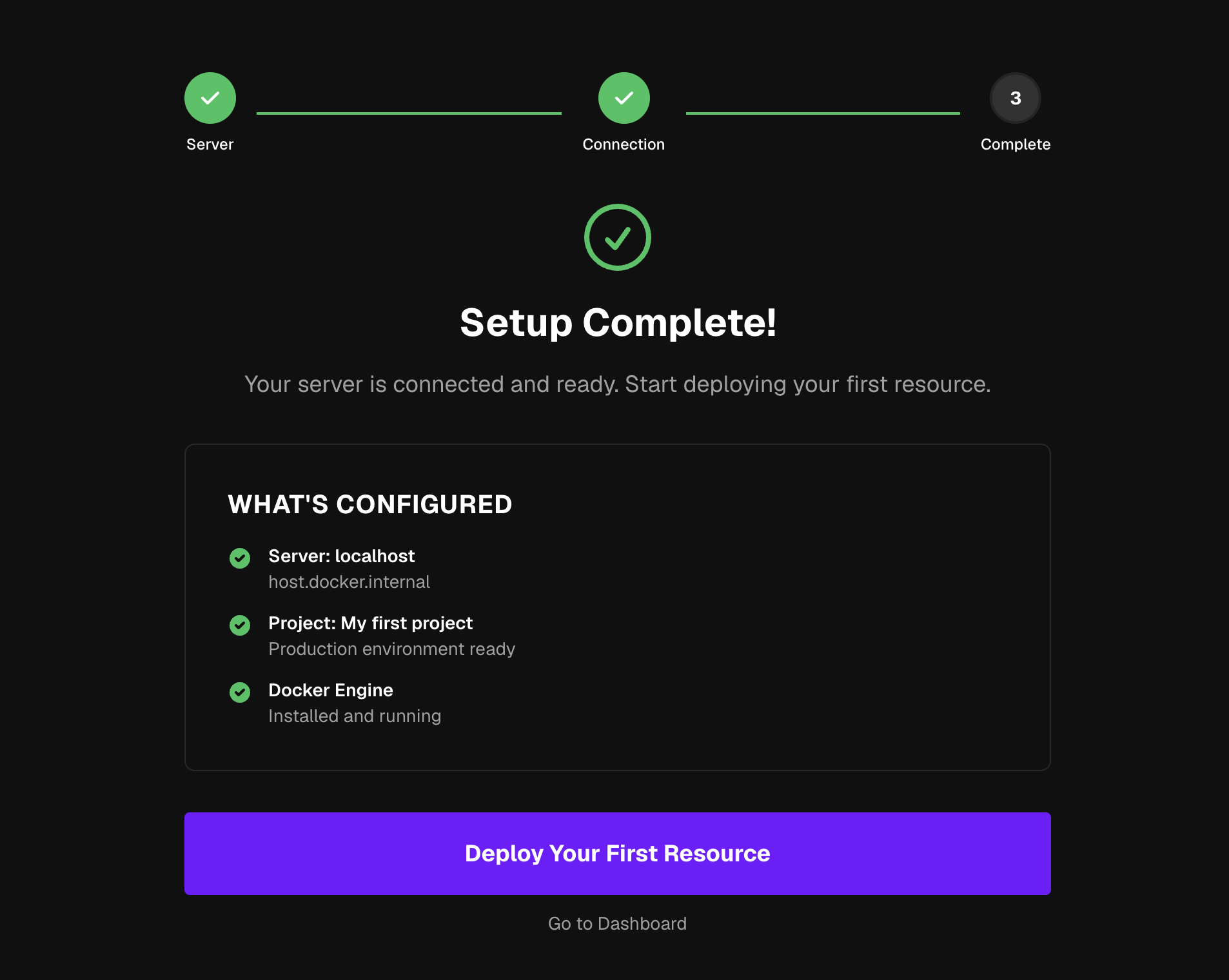 Coolify Setup Complete screen with What's Configured summary