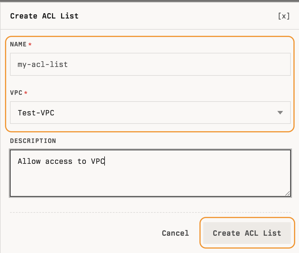 Create ACL List dialog with Name, VPC, and Description fields