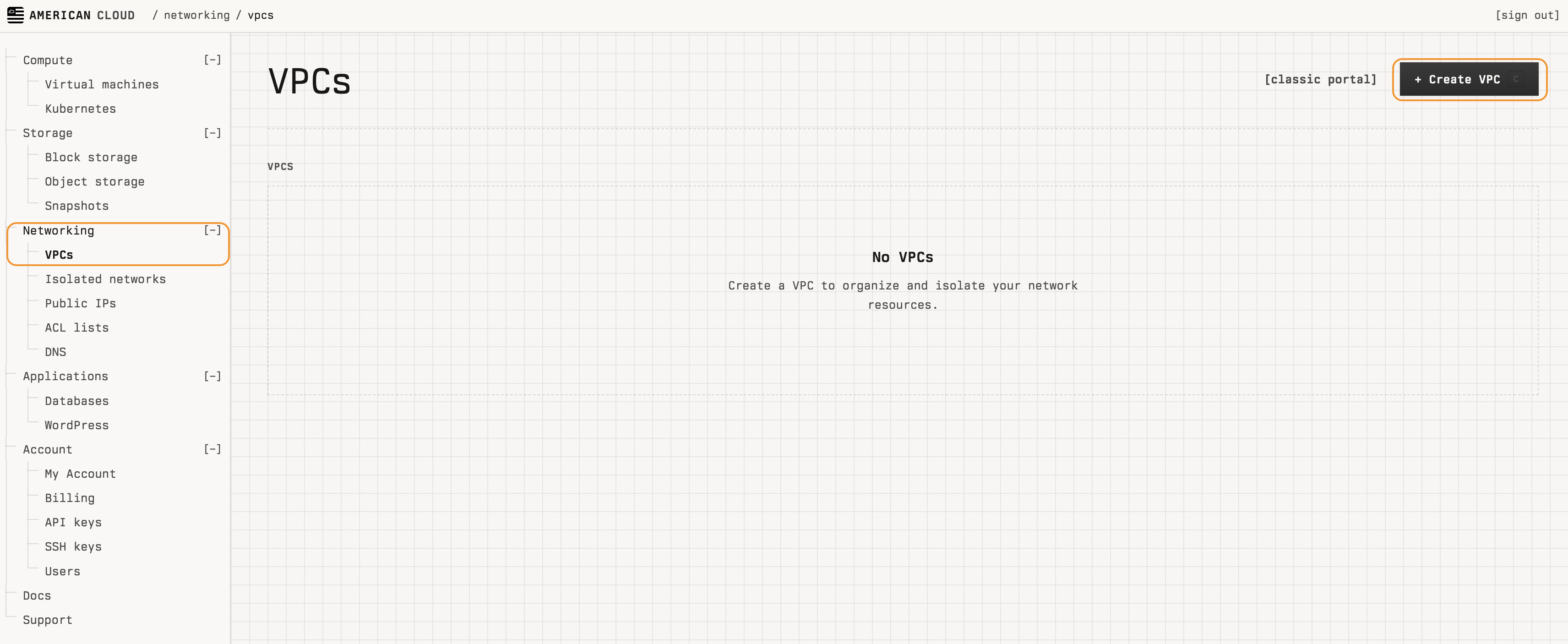 VPCs page with the Create VPC button highlighted