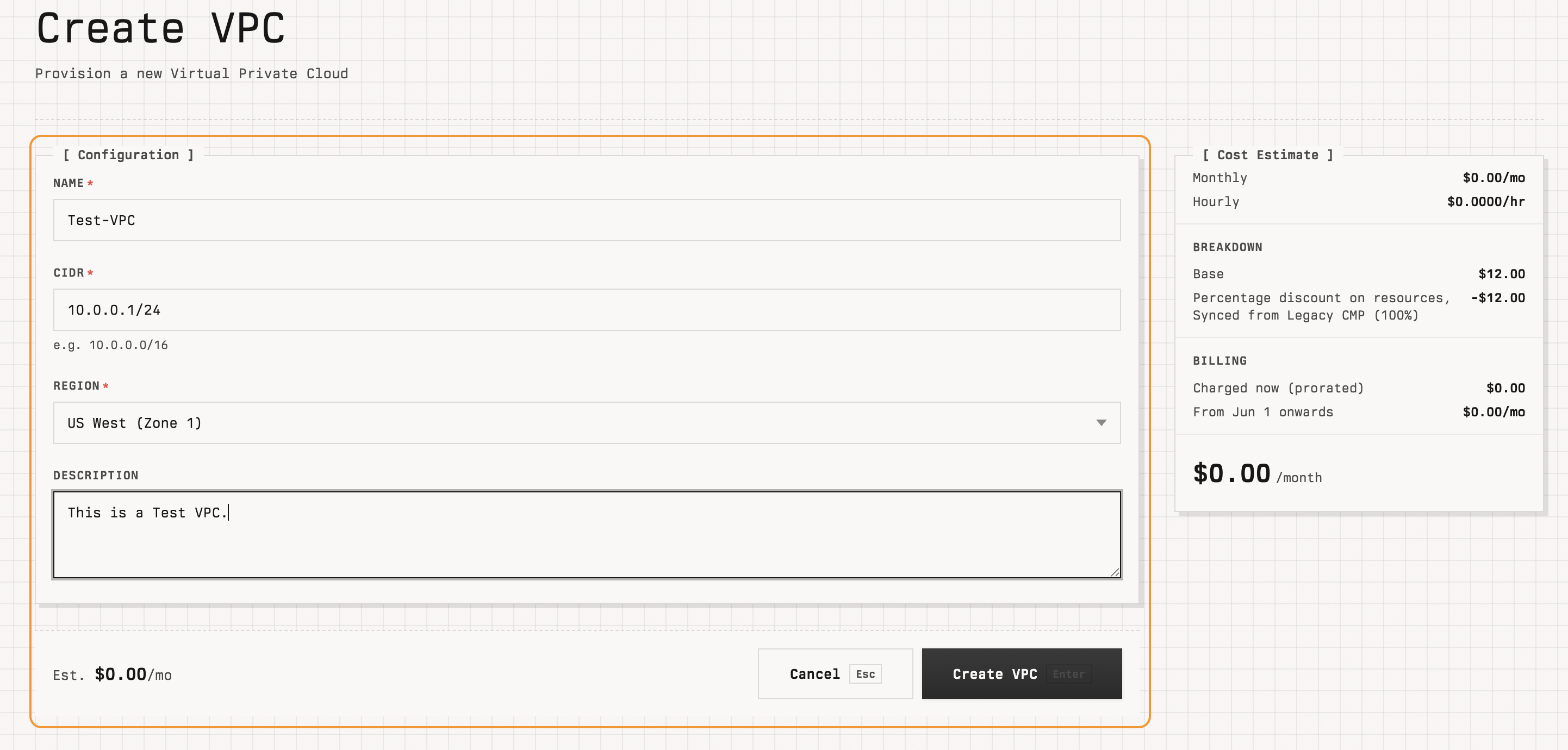 Create VPC page with Name, CIDR, Region, Description, and Cost Estimate panel