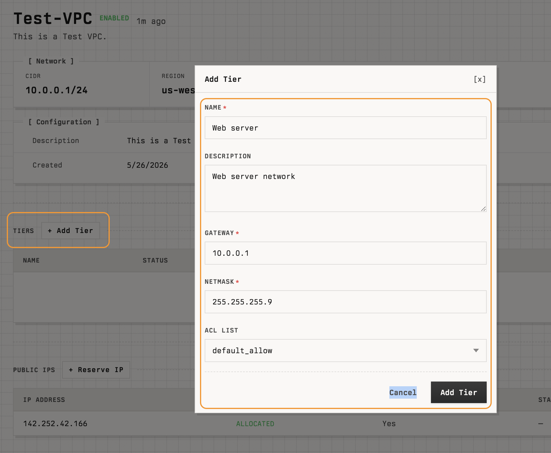 VPC detail page with the Add Tier dialog open